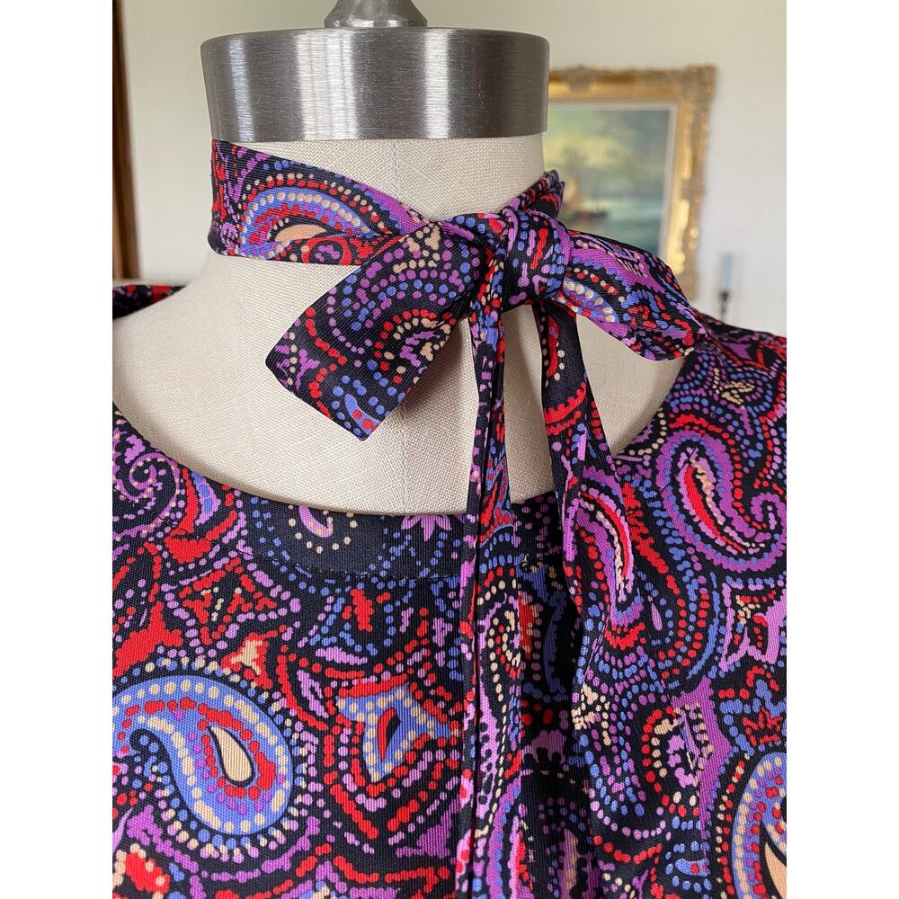 Paisley Pink Purple Vintage Dress, 80s, Matching Belt Neck Tie, CB New York - Picture 4 of 6